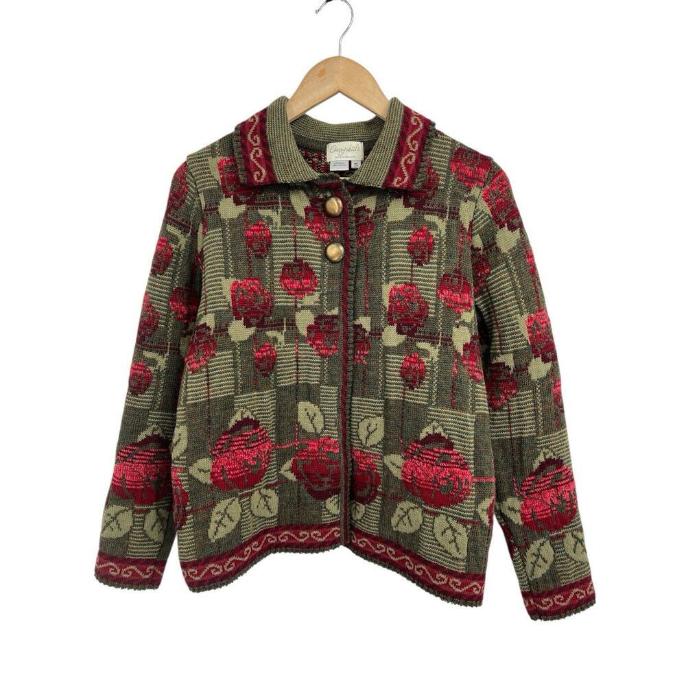 Vintage Cherry Lewis Bold Floral Wool Top Button Cardigan Small Grandma
